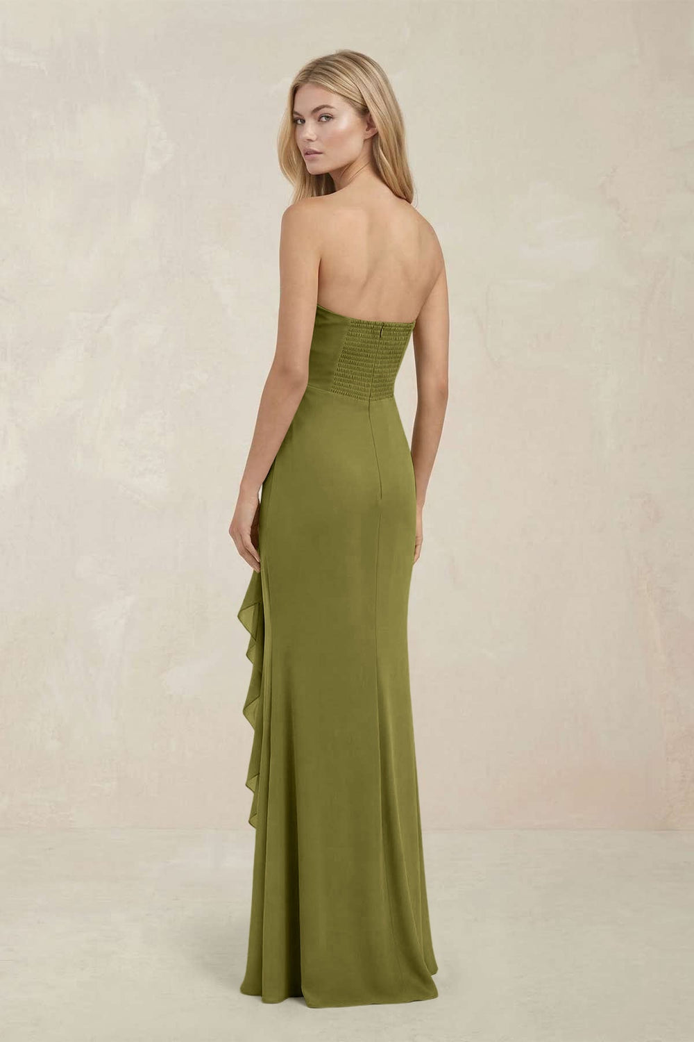 Strapless Ruffled Sheath Bridesmaid Dress in Moss Green - KissProm Bridesmaid Dresses