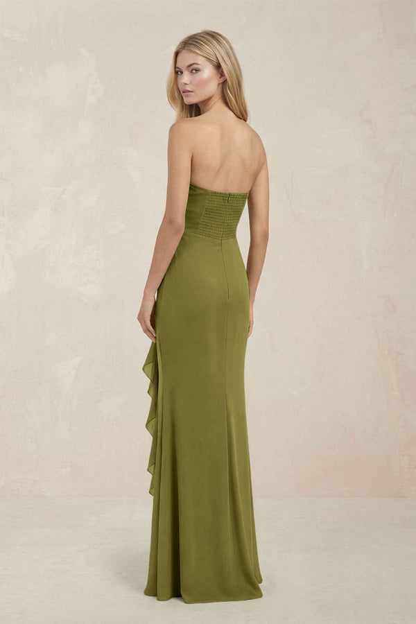 Strapless Ruffled Sheath Bridesmaid Dress in Moss Green - KissProm Bridesmaid Dresses
