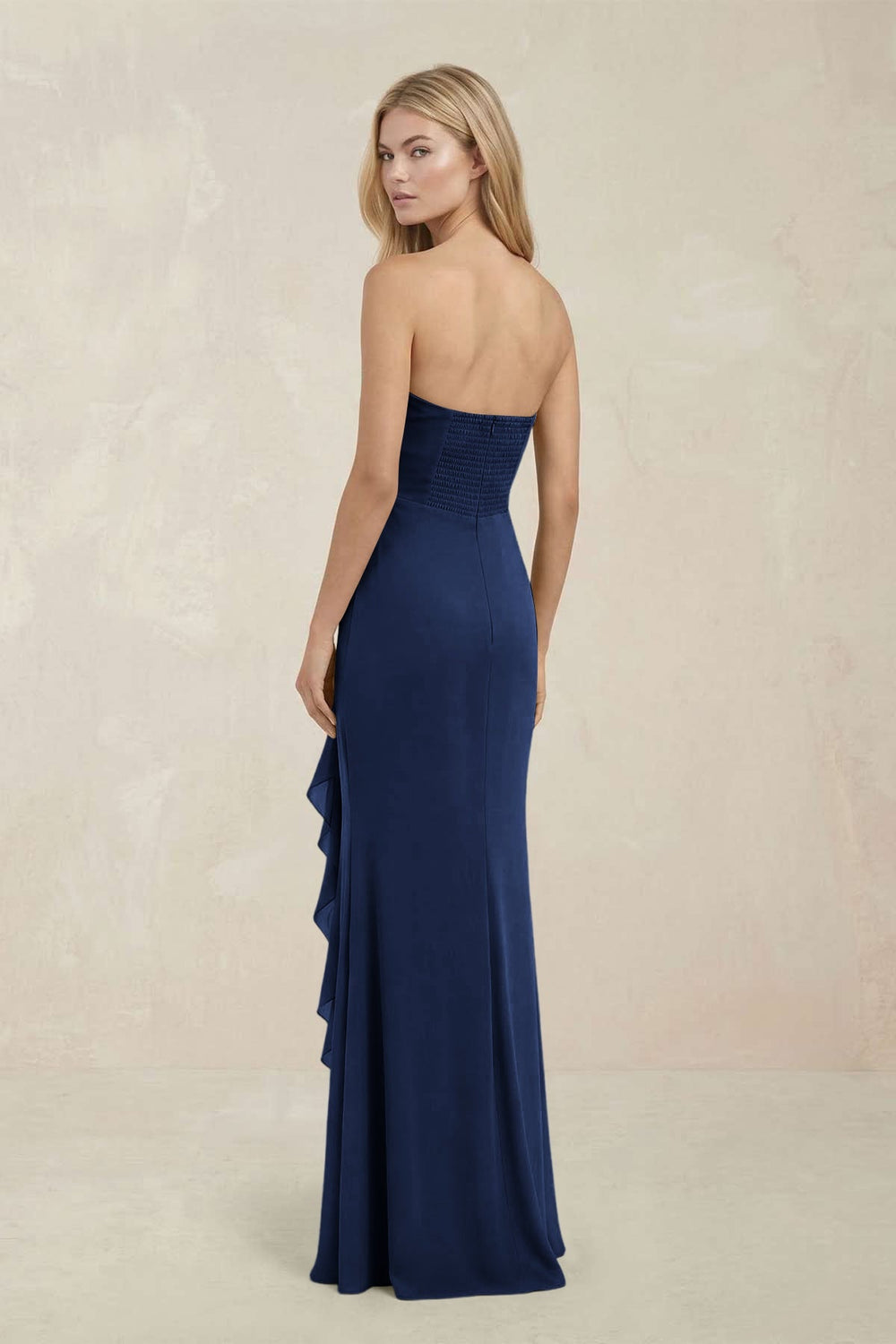 Strapless Ruffled Sheath Bridesmaid Dress in Navy - KissProm Bridesmaid Dresses