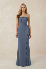 Strapless Ruffled Sheath Bridesmaid Dress in Neptune - KissProm Bridesmaid Dresses
