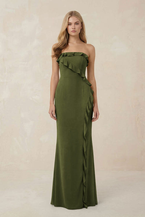 Strapless Ruffled Sheath Bridesmaid Dress in Olive - KissProm Bridesmaid Dresses
