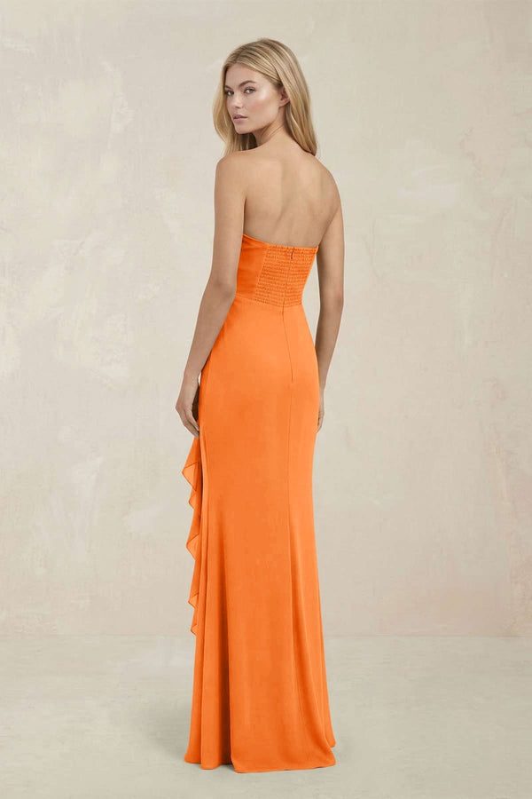 Strapless Ruffled Sheath Bridesmaid Dress in Orange - KissProm Bridesmaid Dresses