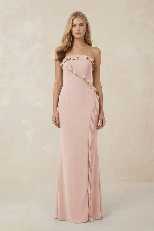 Strapless Ruffled Sheath Bridesmaid Dress in Pale Blush - KissProm Bridesmaid Dresses