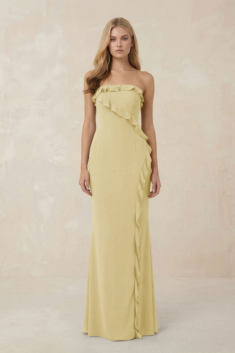 Strapless Ruffled Sheath Bridesmaid Dress in Pastel Yellow - KissProm Bridesmaid Dresses