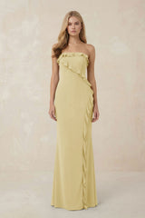 Strapless Ruffled Sheath Bridesmaid Dress in Pastel Yellow - KissProm Bridesmaid Dresses