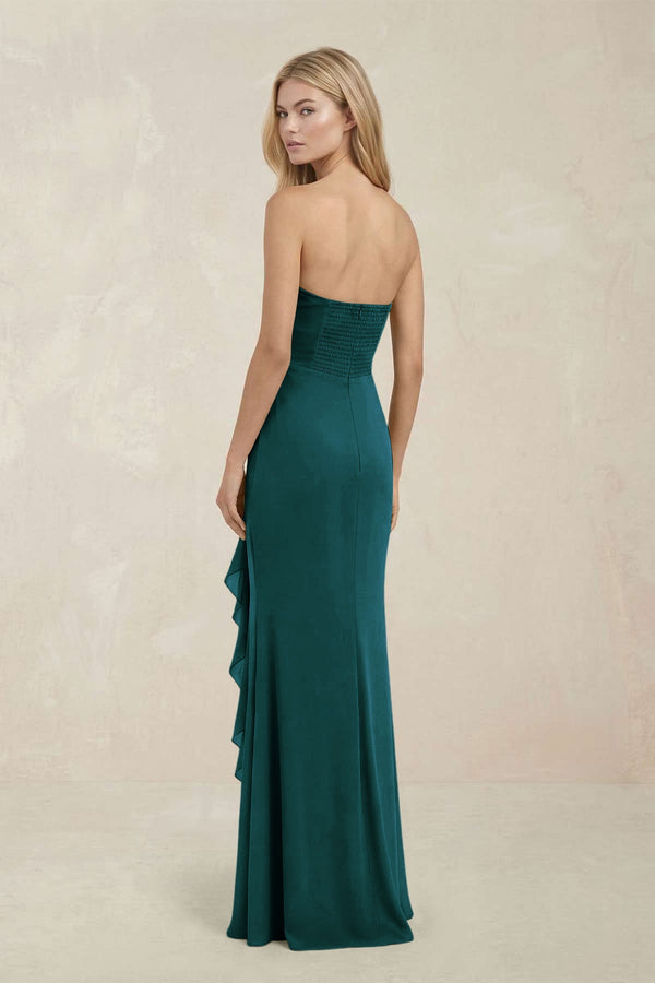 Strapless Ruffled Sheath Bridesmaid Dress in Pine - KissProm Bridesmaid Dresses