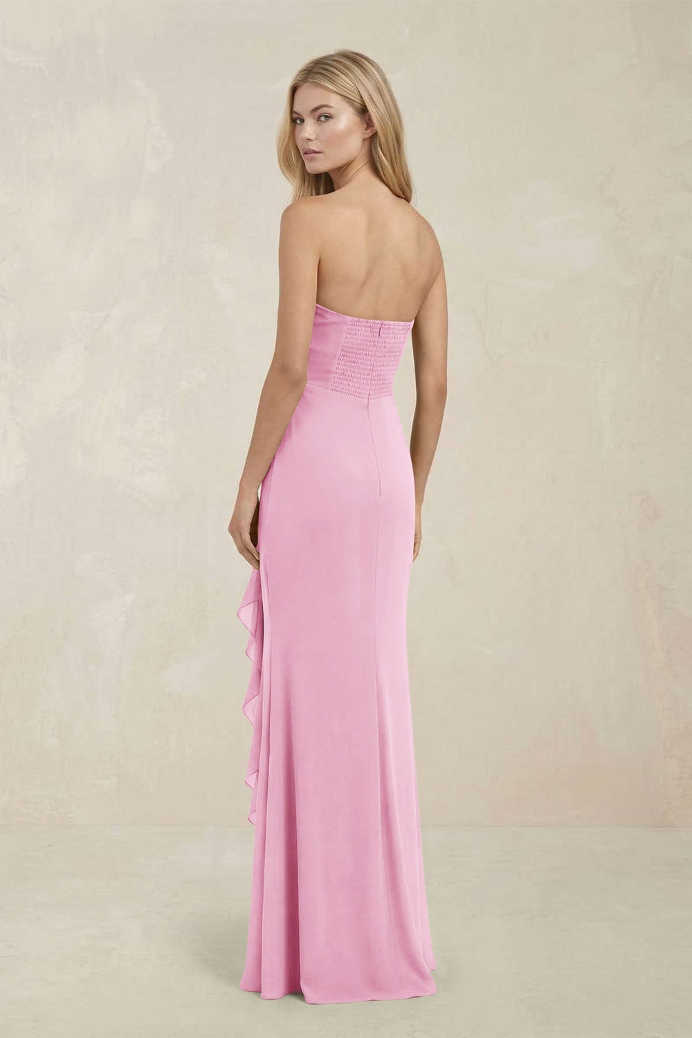 Strapless Ruffled Sheath Bridesmaid Dress in Pink - KissProm Bridesmaid Dresses