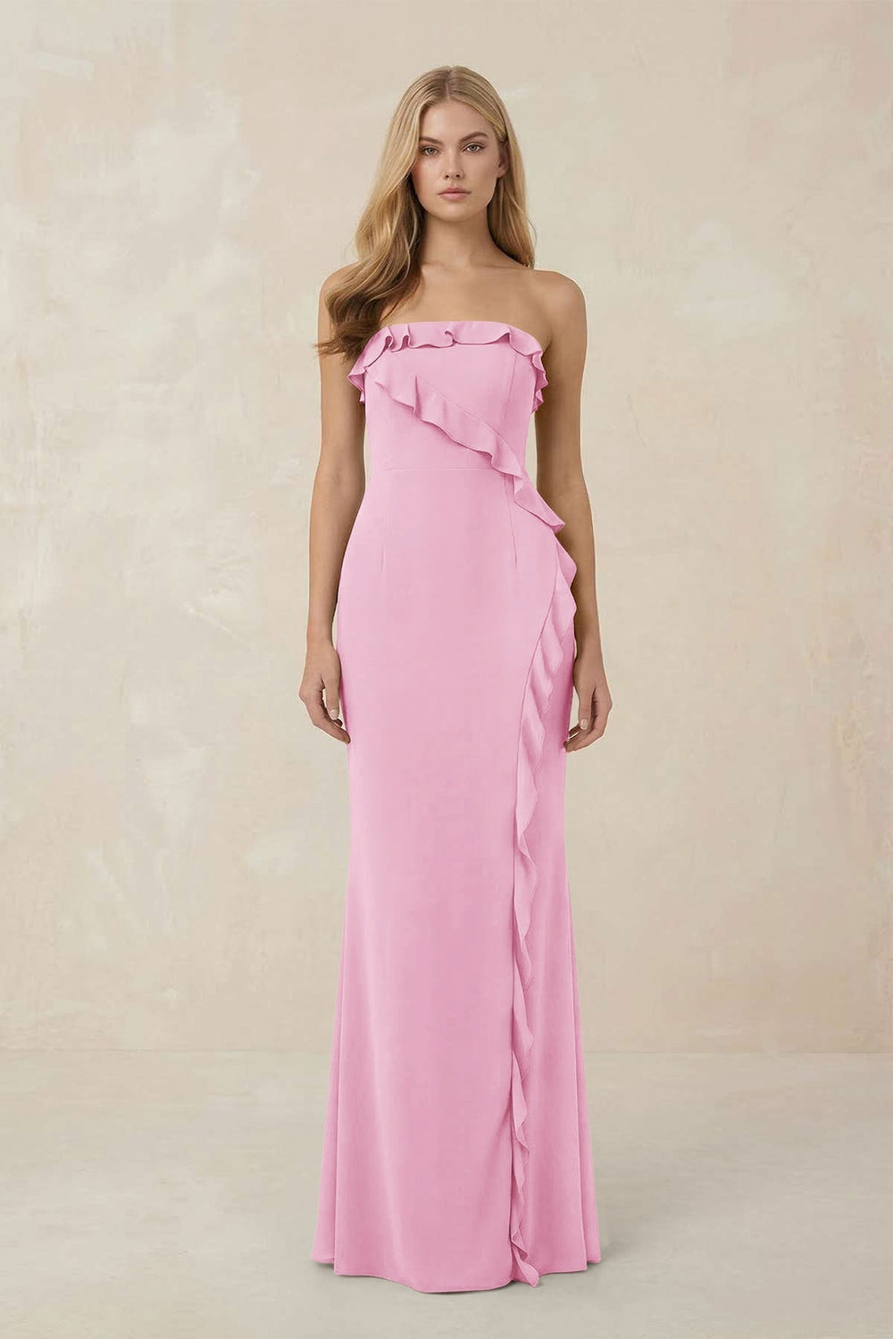 Strapless Ruffled Sheath Bridesmaid Dress in Pink - KissProm Bridesmaid Dresses