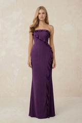 Strapless Ruffled Sheath Bridesmaid Dress in Plum - KissProm Bridesmaid Dresses