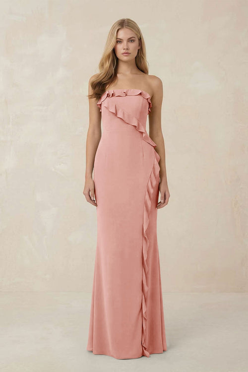 Strapless Ruffled Sheath Bridesmaid Dress in Rose Petal - KissProm Bridesmaid Dresses