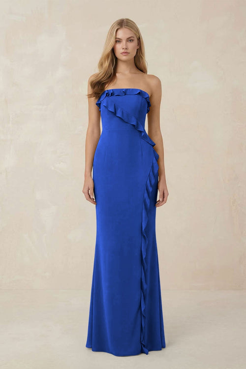 Strapless Ruffled Sheath Bridesmaid Dress in Royal Blue - KissProm Bridesmaid Dresses