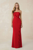Strapless Ruffled Sheath Bridesmaid Dress in Ruby Red - KissProm Bridesmaid Dresses