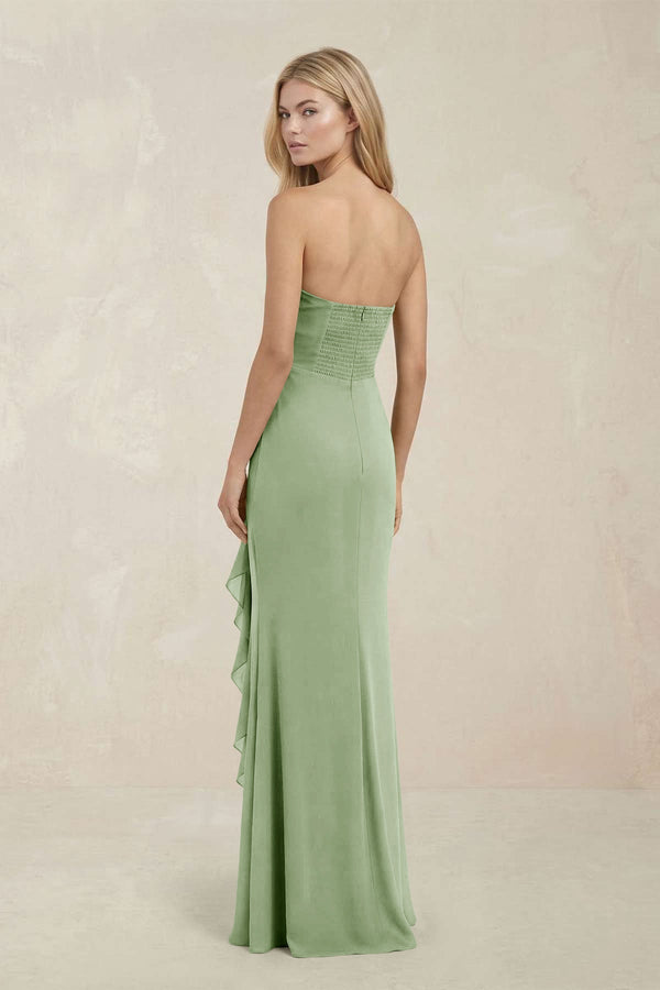 Strapless Ruffled Sheath Bridesmaid Dress in Sage - KissProm Bridesmaid Dresses