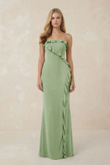 Strapless Ruffled Sheath Bridesmaid Dress in Sage - KissProm Bridesmaid Dresses