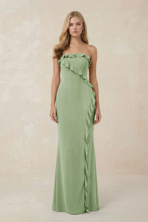 Strapless Ruffled Sheath Bridesmaid Dress in Sage - KissProm Bridesmaid Dresses
