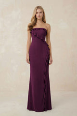 Strapless Ruffled Sheath Bridesmaid Dress in Sangria - KissProm Bridesmaid Dresses