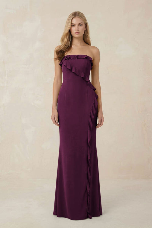 Strapless Ruffled Sheath Bridesmaid Dress in Sangria - KissProm Bridesmaid Dresses