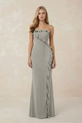 Strapless Ruffled Sheath Bridesmaid Dress in Silver - KissProm Bridesmaid Dresses