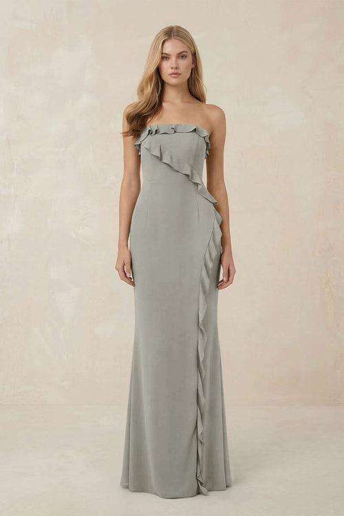 Strapless Ruffled Sheath Bridesmaid Dress in Silver - KissProm Bridesmaid Dresses