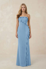 Strapless Ruffled Sheath Bridesmaid Dress in Sky Blue - KissProm Bridesmaid Dresses