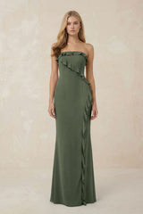 Strapless Ruffled Sheath Bridesmaid Dress in Thyme - KissProm Bridesmaid Dresses