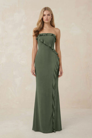 Strapless Ruffled Sheath Bridesmaid Dress in Thyme - KissProm Bridesmaid Dresses