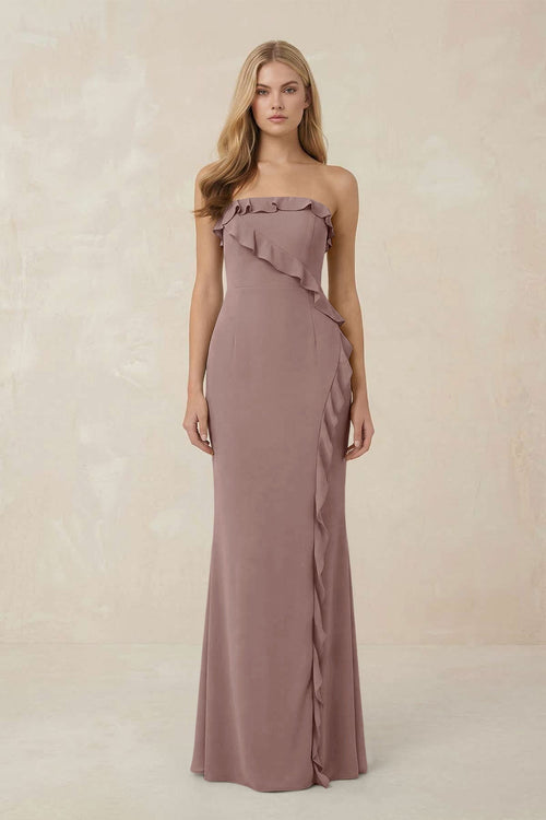 Strapless Ruffled Sheath Bridesmaid Dress in Toffee - KissProm Bridesmaid Dresses