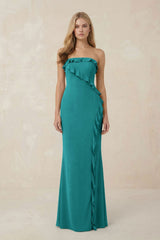 Strapless Ruffled Sheath Bridesmaid Dress in Turquoise - KissProm Bridesmaid Dresses