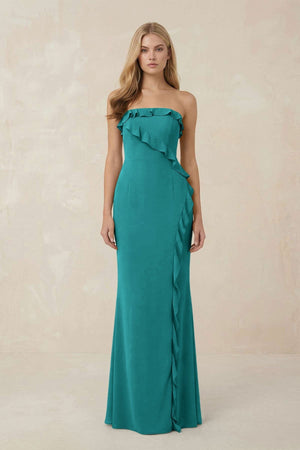 Strapless Ruffled Sheath Bridesmaid Dress in Turquoise - KissProm Bridesmaid Dresses