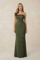 Strapless Ruffled Sheath Bridesmaid Dress in Willow Green - KissProm Bridesmaid Dresses