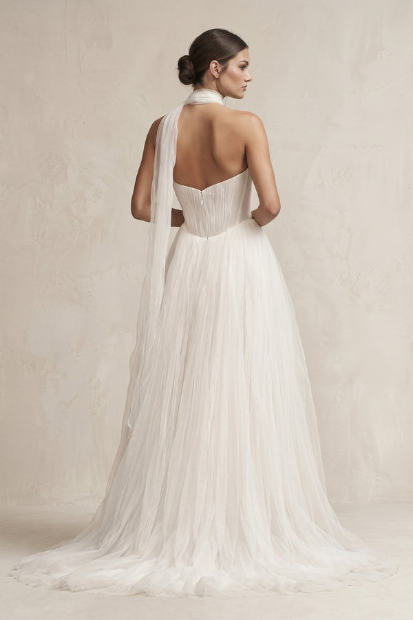 Strapless Ruffled Tulle A - Line Pleated Wedding Dress in Ivory - KissProm Wedding Dresses