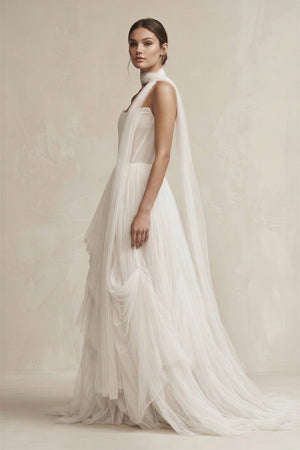 Strapless Ruffled Tulle A - Line Pleated Wedding Dress in Ivory - KissProm Wedding Dresses