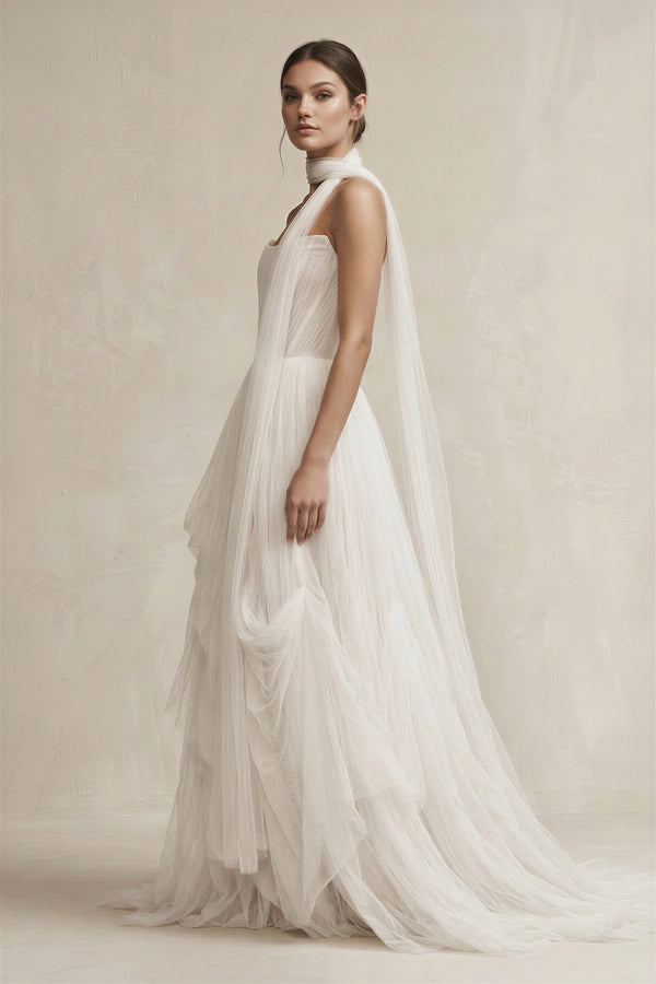 Strapless Ruffled Tulle A - Line Pleated Wedding Dress in Ivory - KissProm Wedding Dresses