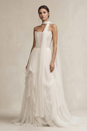 Strapless Ruffled Tulle A - Line Pleated Wedding Dress in Ivory - KissProm Wedding Dresses