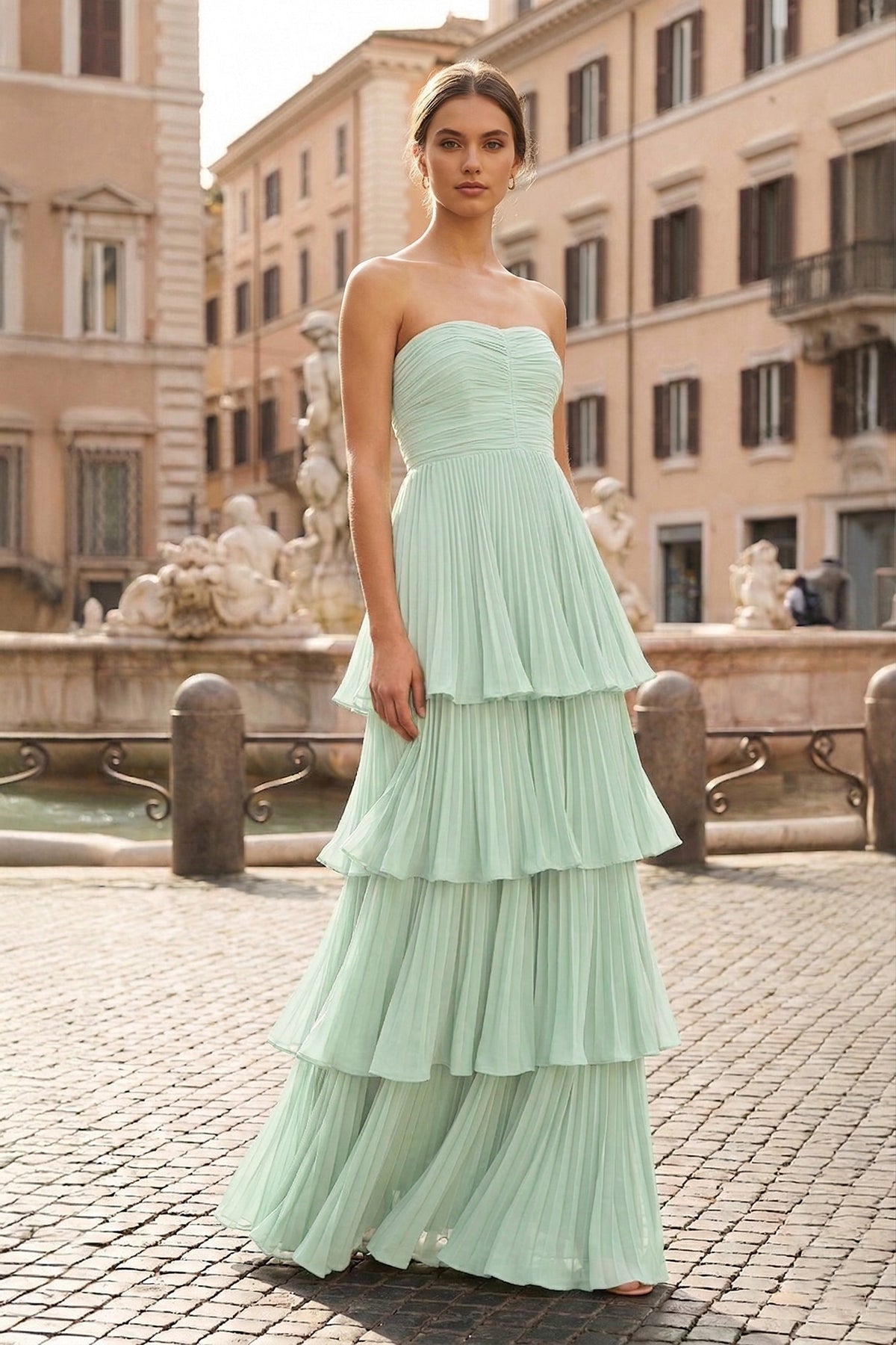 KissProm Strapless Emerald Green Ruffle Multi-Layer Long Prom Dress, Green / 16