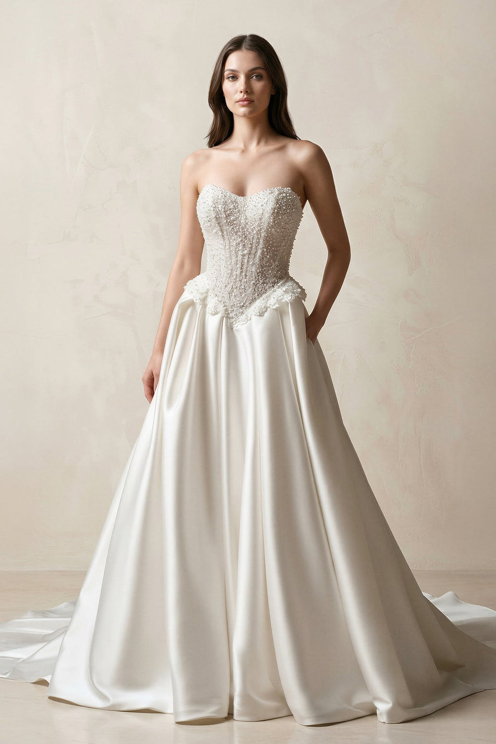 Strapless Satin A - Line Corset Beaded Wedding Dress in White - KissProm Wedding Dresses