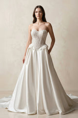 Strapless Satin A - Line Corset Beaded Wedding Dress in White - KissProm Wedding Dresses
