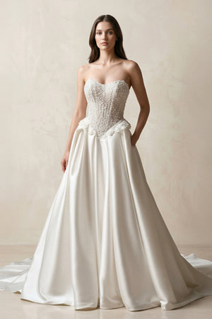 Strapless Satin A - Line Corset Beaded Wedding Dress in White - KissProm Wedding Dresses