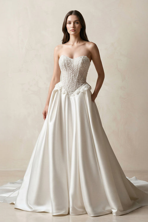 Strapless Satin A - Line Corset Beaded Wedding Dress in White - KissProm Wedding Dresses