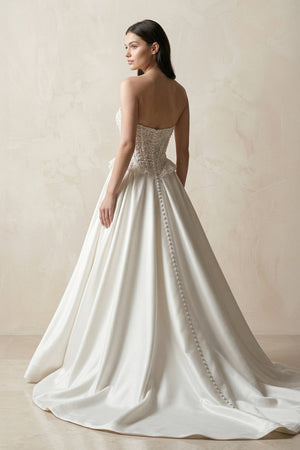 Strapless Satin A - Line Corset Beaded Wedding Dress in White - KissProm Wedding Dresses