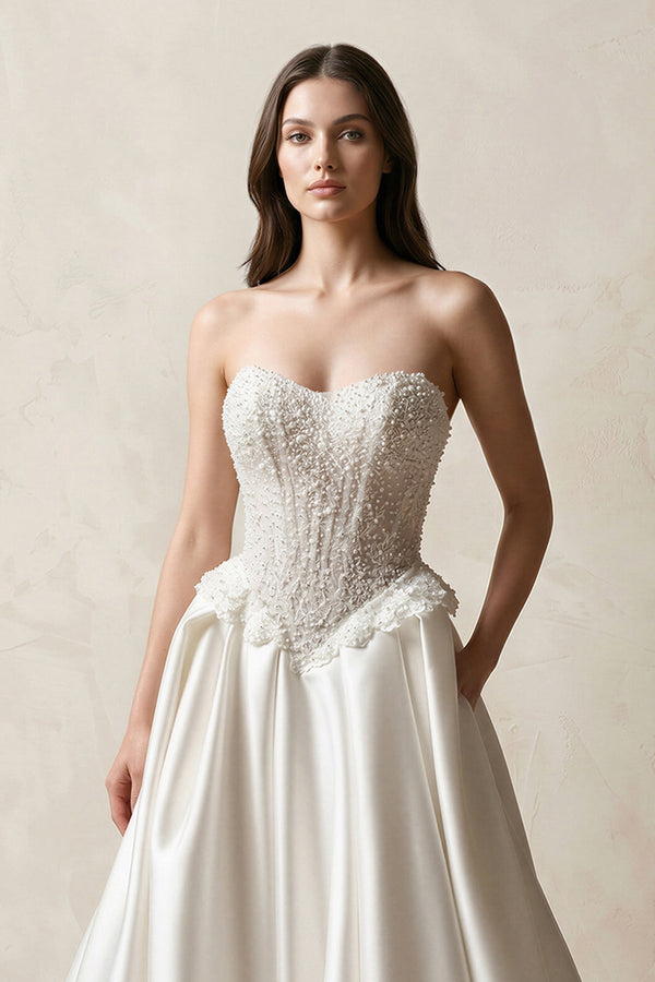 Strapless Satin A - Line Corset Beaded Wedding Dress in White - KissProm Wedding Dresses