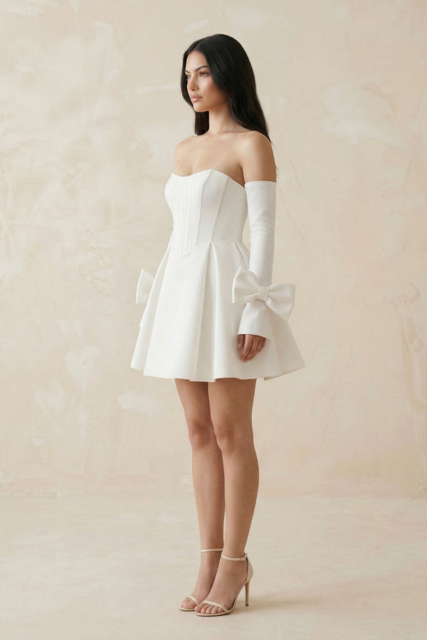Strapless Satin A - Line Mini Wedding Dress With Sleeves in White - KissProm Wedding Dresses