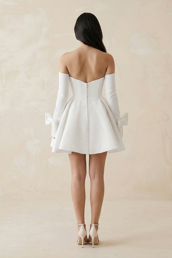 Strapless Satin A - Line Mini Wedding Dress With Sleeves in White - KissProm Wedding Dresses