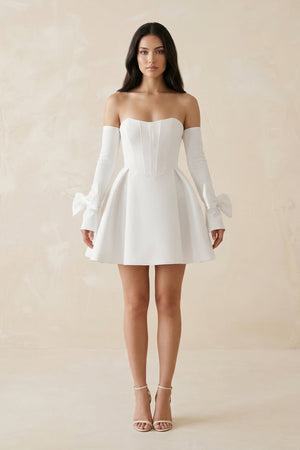 Strapless Satin A - Line Mini Wedding Dress With Sleeves in White - KissProm Wedding Dresses