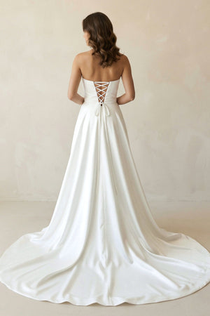 Strapless Satin A - Line Ruched Wedding Dress With Slit in White - KissProm Wedding Dresses