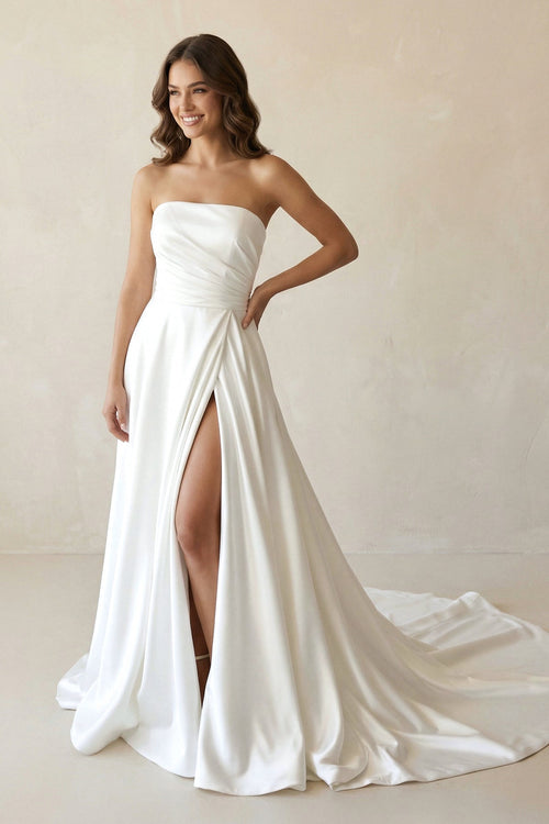 Strapless Satin A - Line Ruched Wedding Dress With Slit in White - KissProm Wedding Dresses
