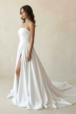 Strapless Satin A - Line Ruched Wedding Dress With Slit in White - KissProm Wedding Dresses