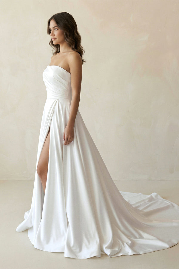 Strapless Satin A - Line Ruched Wedding Dress With Slit in White - KissProm Wedding Dresses