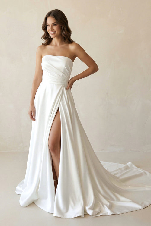 Mermaid White Satin Strapless A-Line Wedding Dress with Slit – Wedding Dresses by KissProm | Available at KissProm