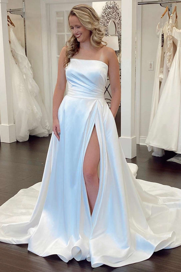 Mermaid White Satin Strapless A-Line Wedding Dress with Slit – Wedding Dresses by KissProm | Available at KissProm